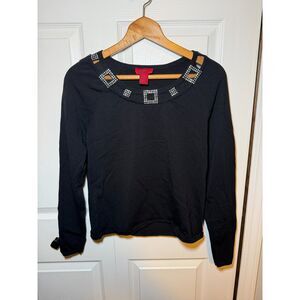 Carina Black Rhinestone Cutout Long Sleeve Top Women's Medium